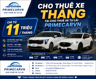 Thuê Xe Tự Lái Theo Tháng Chỉ Từ 11 Triệu Tại PRIMECARVN – Giải Pháp Tiết Kiệm, Linh Hoạt Và An Toàn